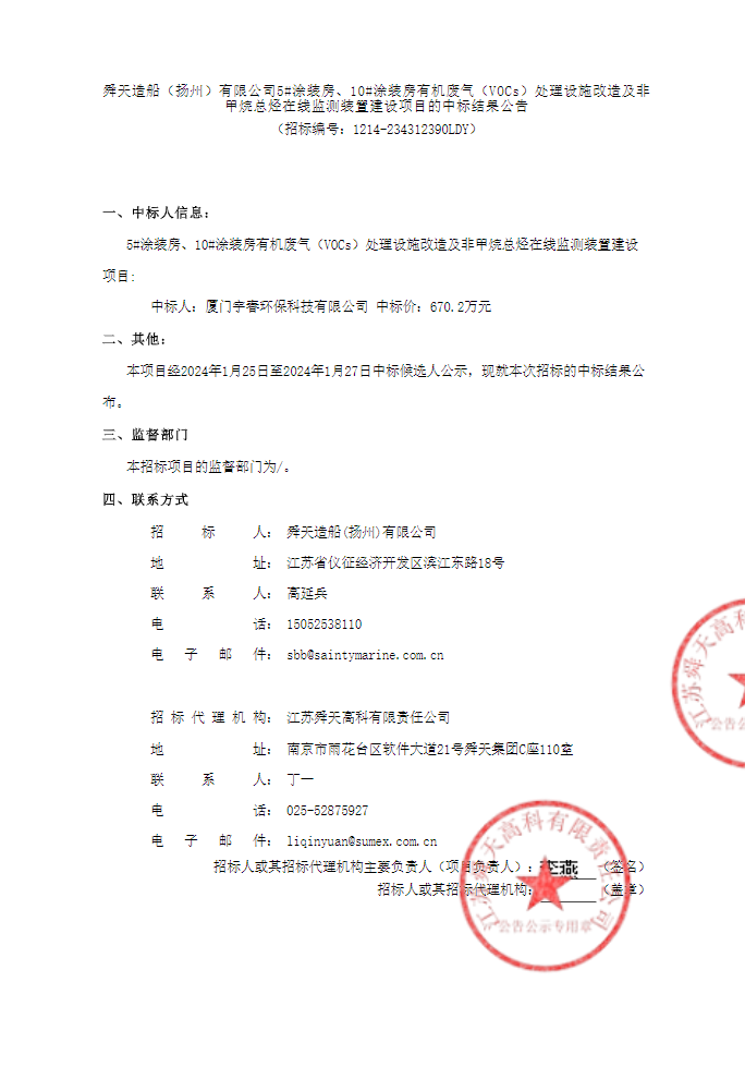 舜天造船（扬州）公司涂装房有机废气理设施改造及在线监测装置建设项目中标结果公告(图1)